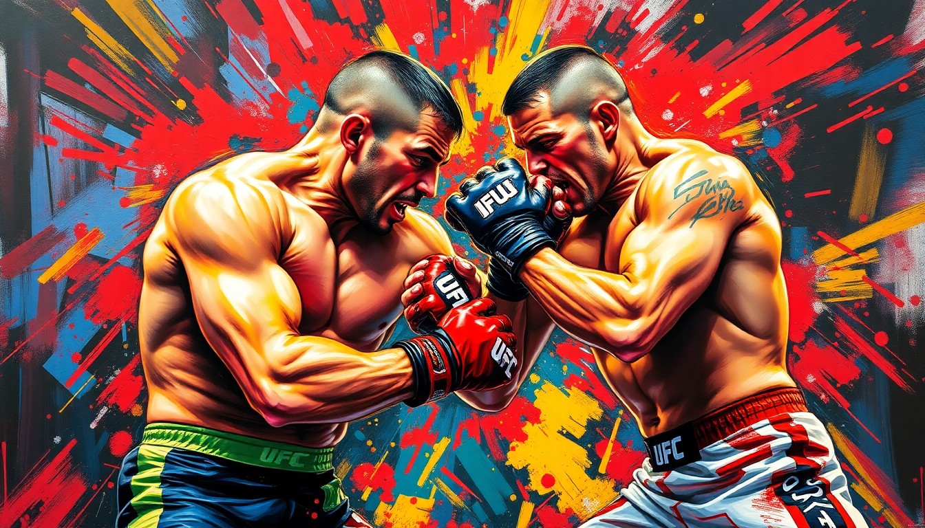 An abstract, expressionist painting featuring two UFC fighters engaged in an intense grappling match, with vibrant neon colors and rapid brushstrokes capturing the raw energy and drama of the fight.
