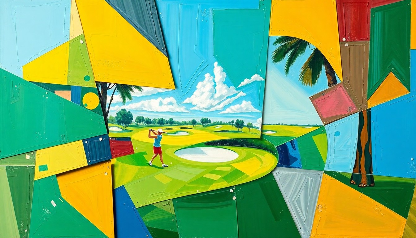 A fragmented, geometric painting in bold colors depicting a women's golf tournament, with overlapping planes and shapes that capture the complex interplay of talent, opportunity, and media narratives in the modern LPGA tour.