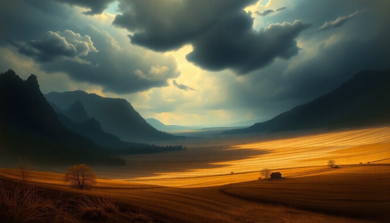 A vast, atmospheric landscape painting in muted tones of green, blue, and gray, with a dramatic sky and sweeping vistas that dwarf any visible structures or objects, conveying the scale and power of the natural environment after heavy rains.