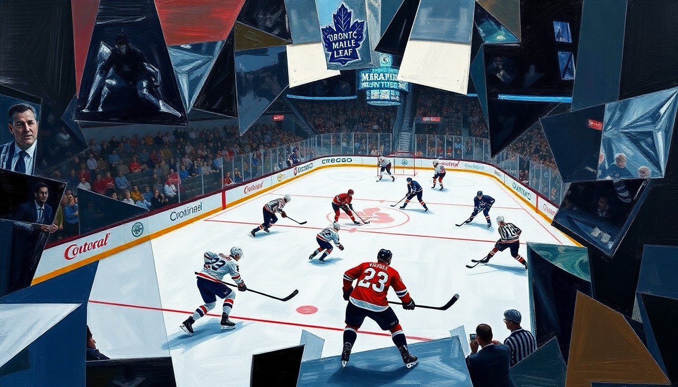 A cubist-style painting depicting a hockey game between the Toronto Maple Leafs and Ottawa Senators, with the players and action broken down into sharp, overlapping geometric shapes and planes, conveying the sense of frustration and disarray surrounding the Maple Leafs' recent poor performance.