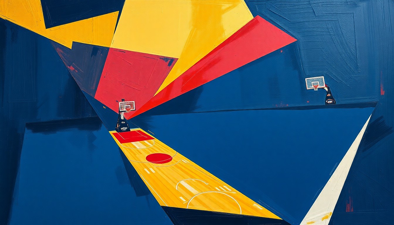 A fragmented, geometric painting depicting the dynamic action of a basketball game, with sharp planes of navy, crimson, and gold colors conveying the vibrant energy of women's basketball in Fort Worth.