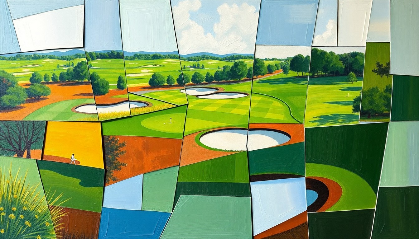 A cubist, geometric painting depicting a deconstructed golf course scene, with fairways, greens, and sand traps broken down into sharp, overlapping planes of color and shape.