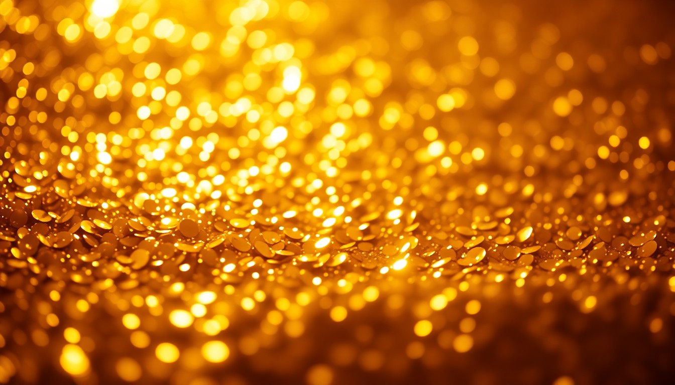 An extreme close-up photograph of shimmering gold sequins illuminated by dramatic studio lighting, creating a sense of high-end glamour and vibrant energy.
