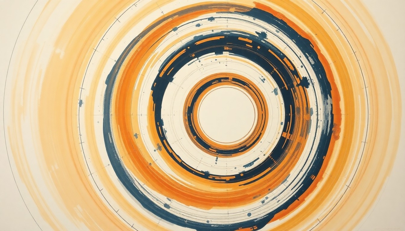 A highly textured, sweeping abstract painting in earthy tones of ochre, sienna, and indigo, depicting intersecting waveforms, concentric circles, and precise botanical spirals, conceptually representing the structural power and energy of a rocket test anomaly.