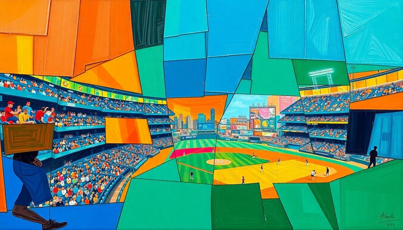 A fractured, cubist-style painting depicting a baseball game or match, with sharp geometric planes in vibrant colors like deep blue, bright orange, and emerald green, conceptually representing the Marlins' intricate roster decisions and injury management.