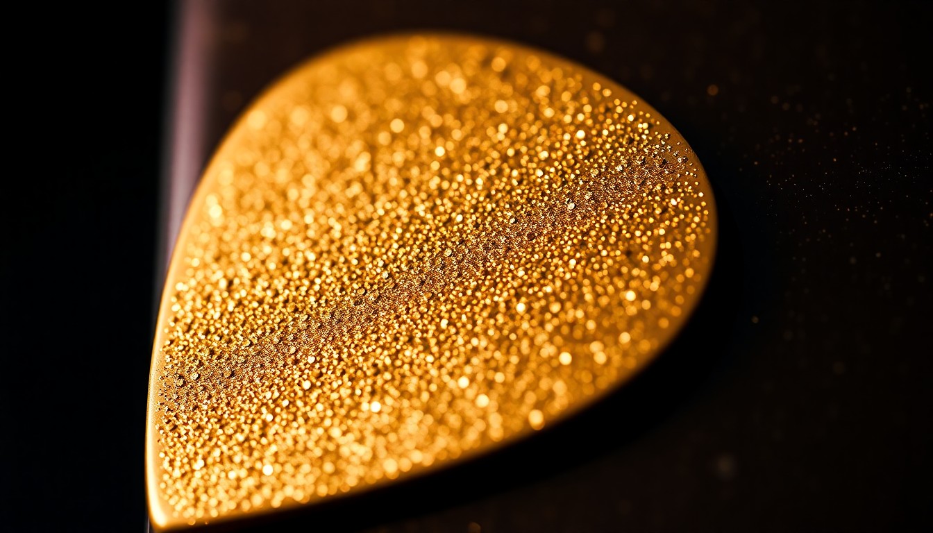 An extreme close-up photograph of a textured, glittering guitar pick in shades of gold, bronze, and copper, capturing the luxurious, high-fashion aesthetic of indie-rock music.
