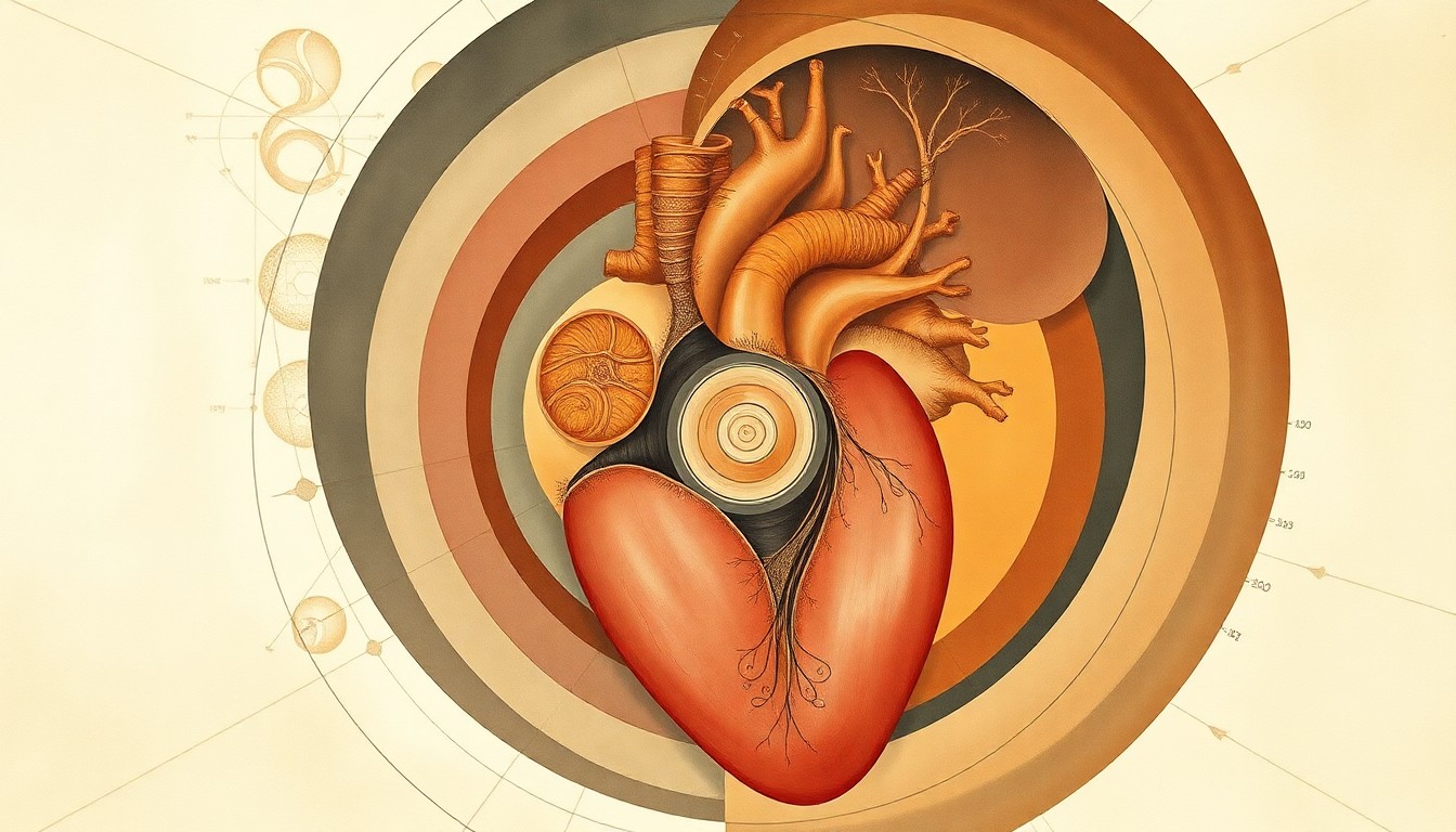A bold, abstract painting in soft, earthy tones featuring sweeping geometric arcs, concentric circles, and precise biological spirals, conceptually representing the complex interplay of cardiac structures and functions.