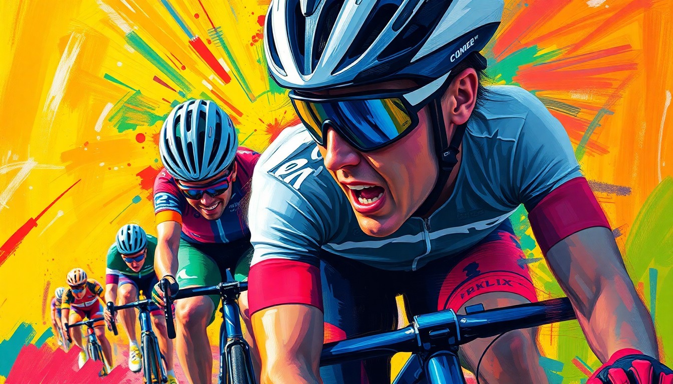 An abstract, expressionist painting in vibrant neon colors depicting the dynamic motion and energy of a cycling race, with the focal point being the fan's nose pressed against the rider's helmet, conceptually illustrating the risks of getting too close to the action.