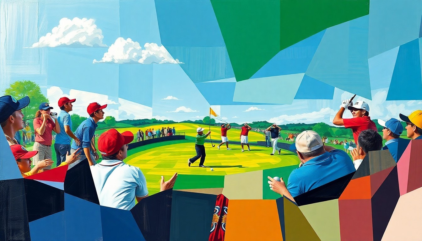 A fragmented, geometric painting depicting a golf match or competition, with sharp, overlapping shapes and planes in a vibrant color palette representing the official team colors of the players.