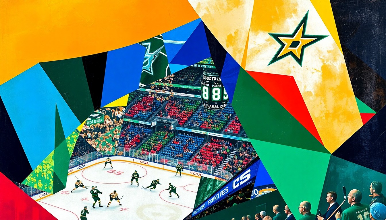 A cubist, geometric painting depicting a Dallas Stars hockey game, with the players' movements and the crowd's energy expressed through bold, angular shapes and vibrant colors.
