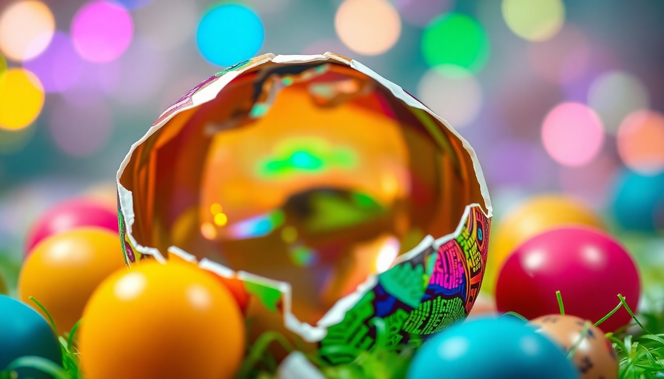 An abstract, high-contrast close-up photograph of a shattered Easter egg shell, reflecting the vibrant colors and textures of a royal Easter celebration.