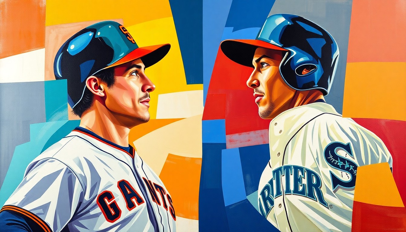 A fractured, multi-perspective painting depicting a baseball game or match, with the players' forms broken down into sharp, overlapping geometric shapes in vibrant colors representing the San Francisco Giants and Seattle Mariners uniforms. The image captures the intensity and drama of the rivalry between the two players.