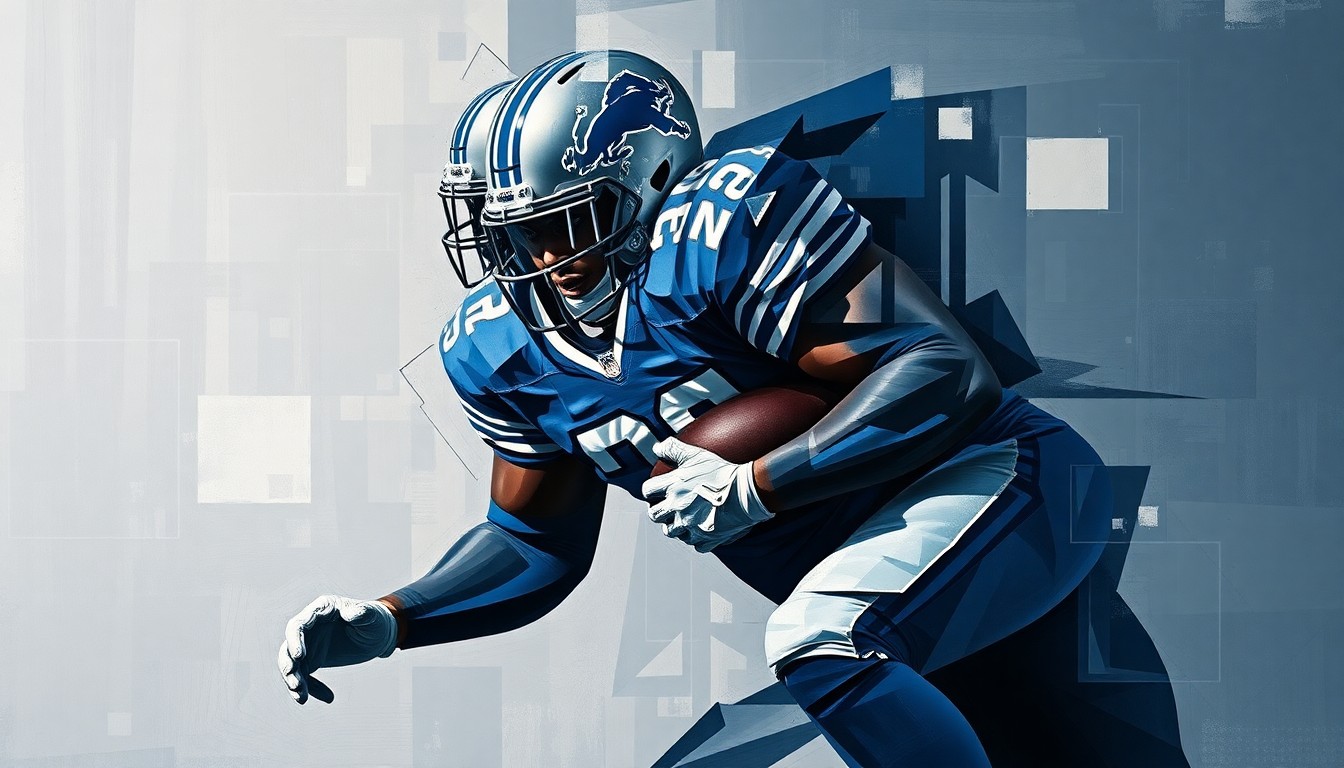 A fragmented, cubist-style painting depicting a Detroit Lions offensive lineman in action, with sharp geometric shapes and planes of navy blue, silver, and white colors representing the disruption caused by Ragnow's season-ending injury.