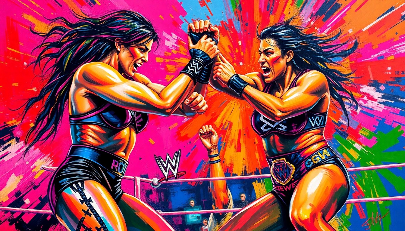 An abstract, neon-colored expressionist painting depicting the intense action and energy of a WWE women's championship match between Jade Cargill and Michin. The figures are rendered in a vibrant, dynamic style, capturing the raw power and determination of the two wrestlers as they battle it out in the ring.