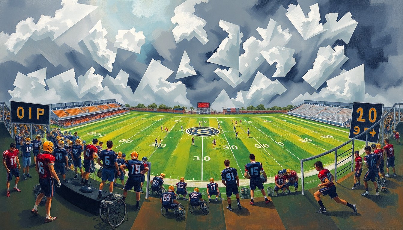 A cubist, geometric painting depicting a fragmented high school sports field with players, balls, and equipment in vibrant colors against a stormy, grey background, conceptually representing the disruption caused by severe weather.