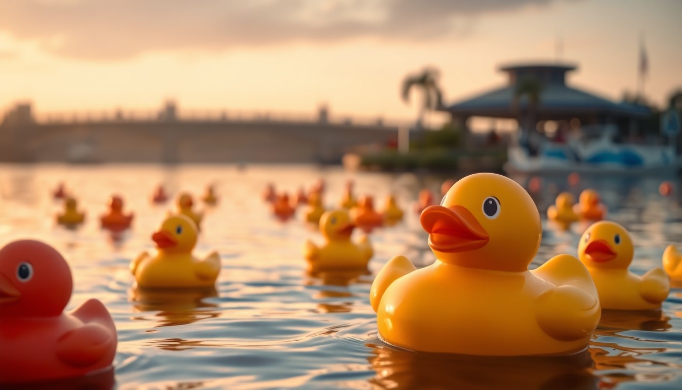 An abstract, out-of-focus photograph of colorful rubber ducks floating on a river, with a blurred cityscape in the background, conveying a sense of community celebration and fundraising.