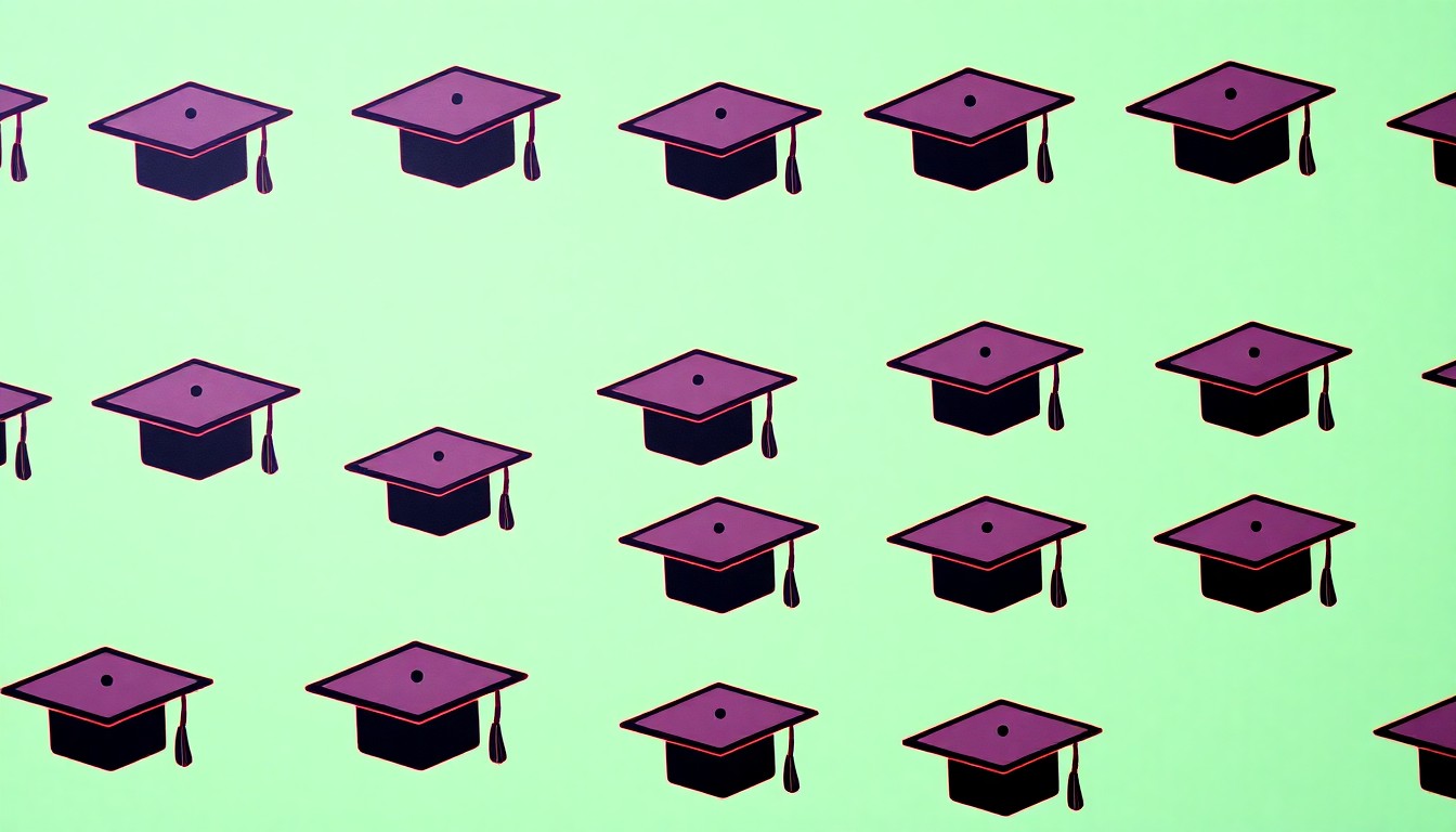 A vibrant, high-contrast silkscreen print of a graduation cap icon repeated in a grid, using bold neon colors and heavy black outlines to transform the everyday symbol into a modern pop art piece.