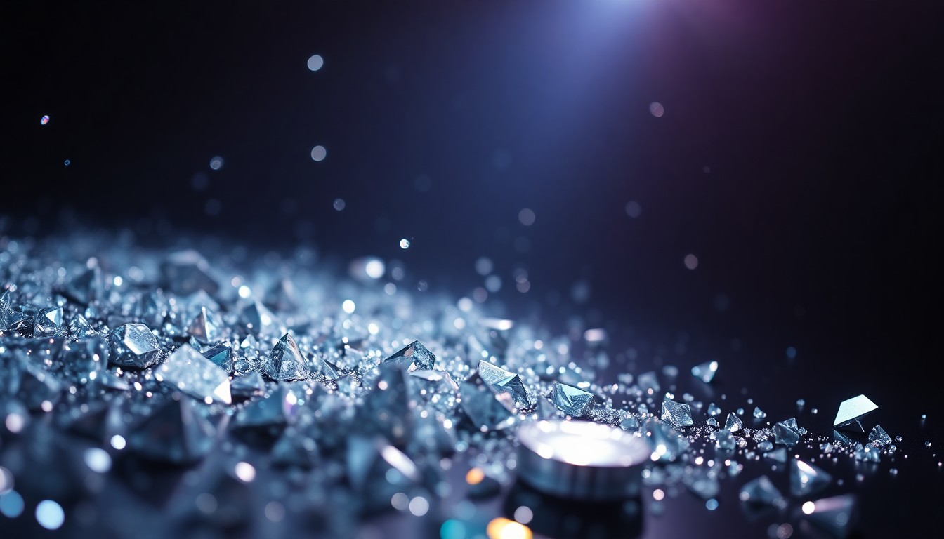 An extreme close-up photograph of shattered, glittering glass fragments in dramatic, high-contrast studio lighting, conceptually representing the glamour and excitement of the entertainment industry.