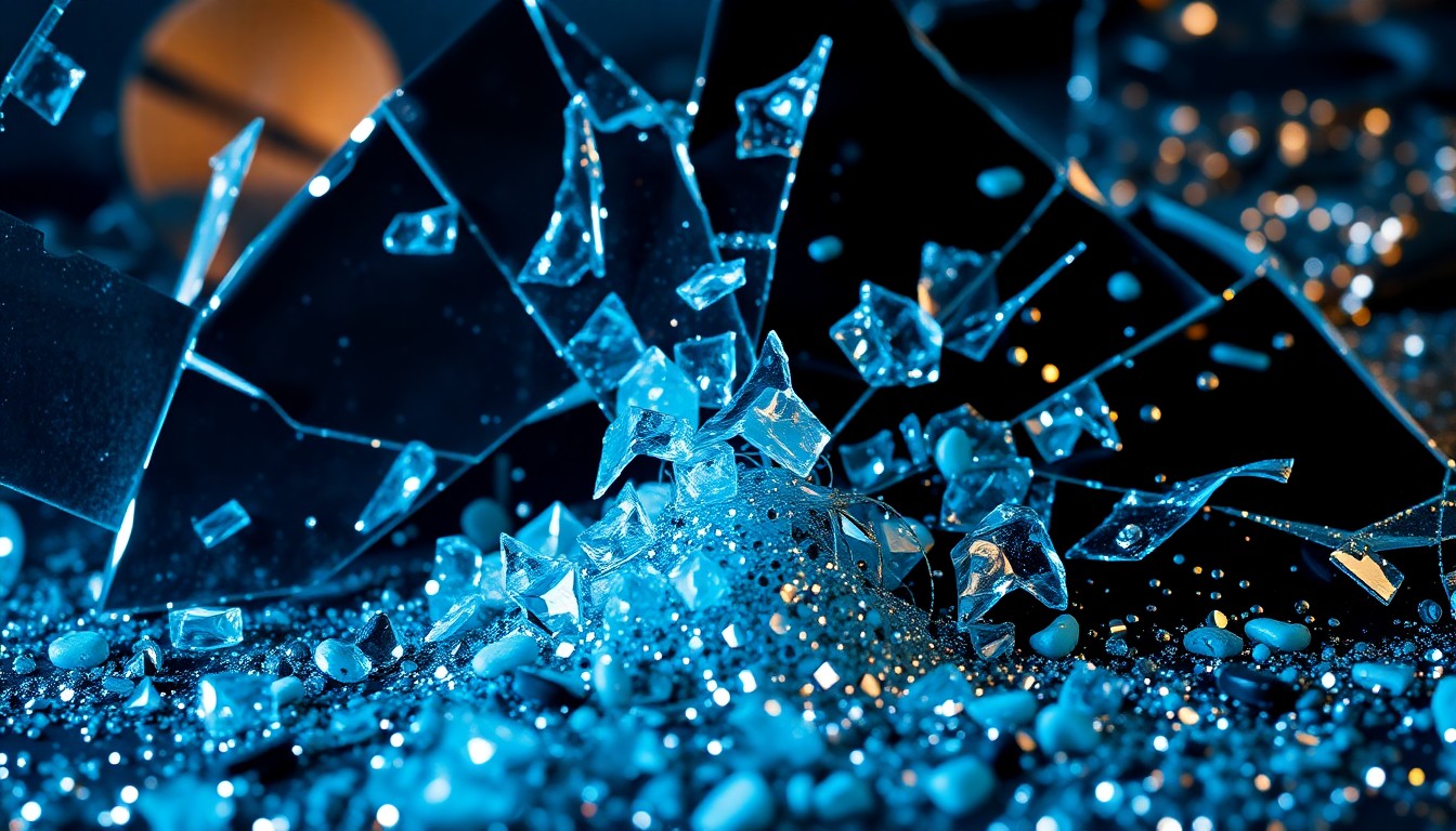 An extreme close-up photograph of shattered glass and glittering sequins, captured in dramatic high-contrast studio lighting to create a glamorous, high-fashion aesthetic that conceptually represents the music industry's complex relationship with celebrity and forgiveness.