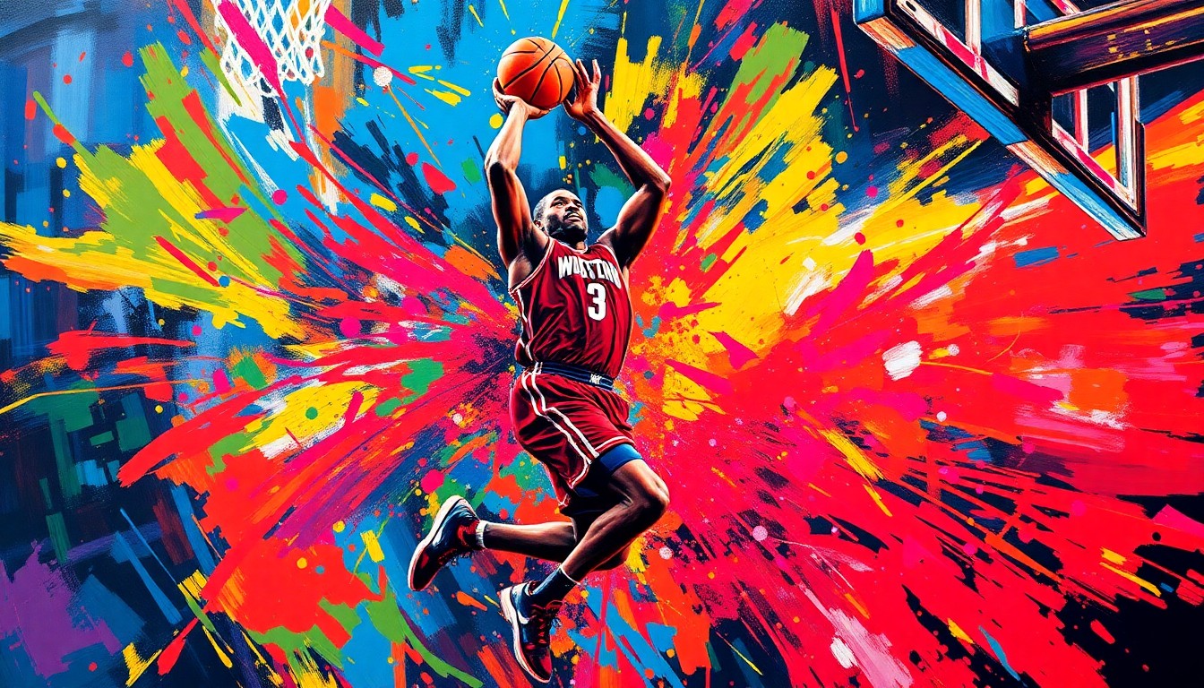 An extreme close-up of Dwyane Wade's figure in mid-jump shot, rendered in a vibrant, expressionist painting style with rapid brushstrokes and neon colors, capturing the raw energy and drama of the game-winning moment.