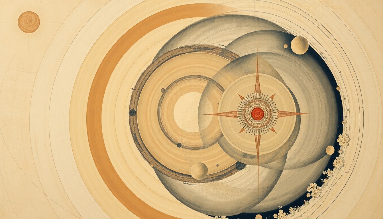 A bold, abstract painting in soft earthy tones featuring sweeping geometric arcs, concentric circles, and precise spirals, conceptually representing the structural order and human aspirations behind the Artemis mission to return to the Moon.