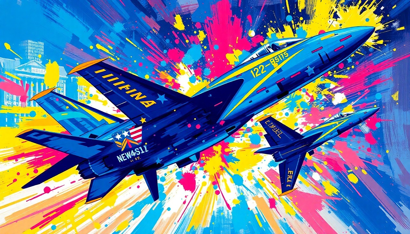 An abstract, expressionist painting in vibrant neon colors depicting the dynamic, energetic movements of the Blue Angels' aerial performance, with details dissolving into textured brushstrokes.