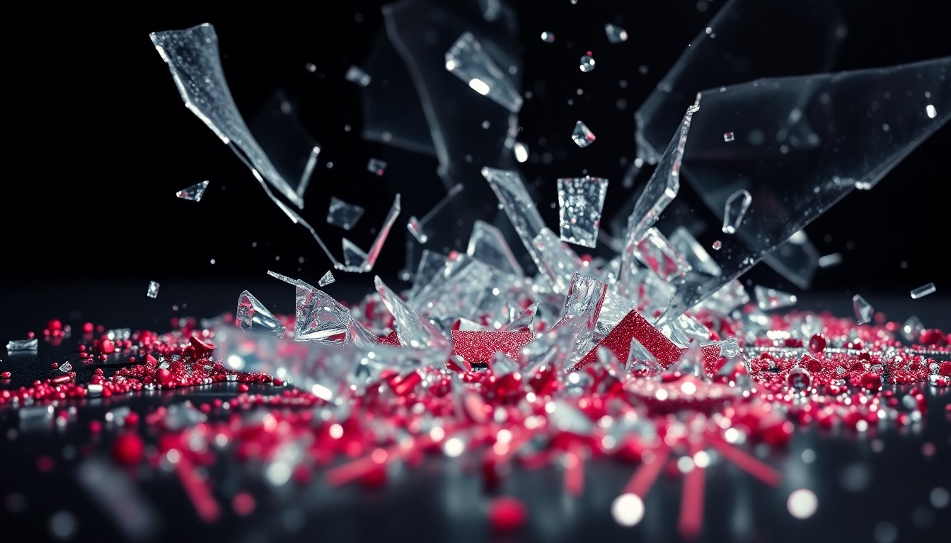 An abstract close-up image featuring shattered glass and glittering sequins, conveying the complexities of celebrity culture and the performative nature of public apologies.