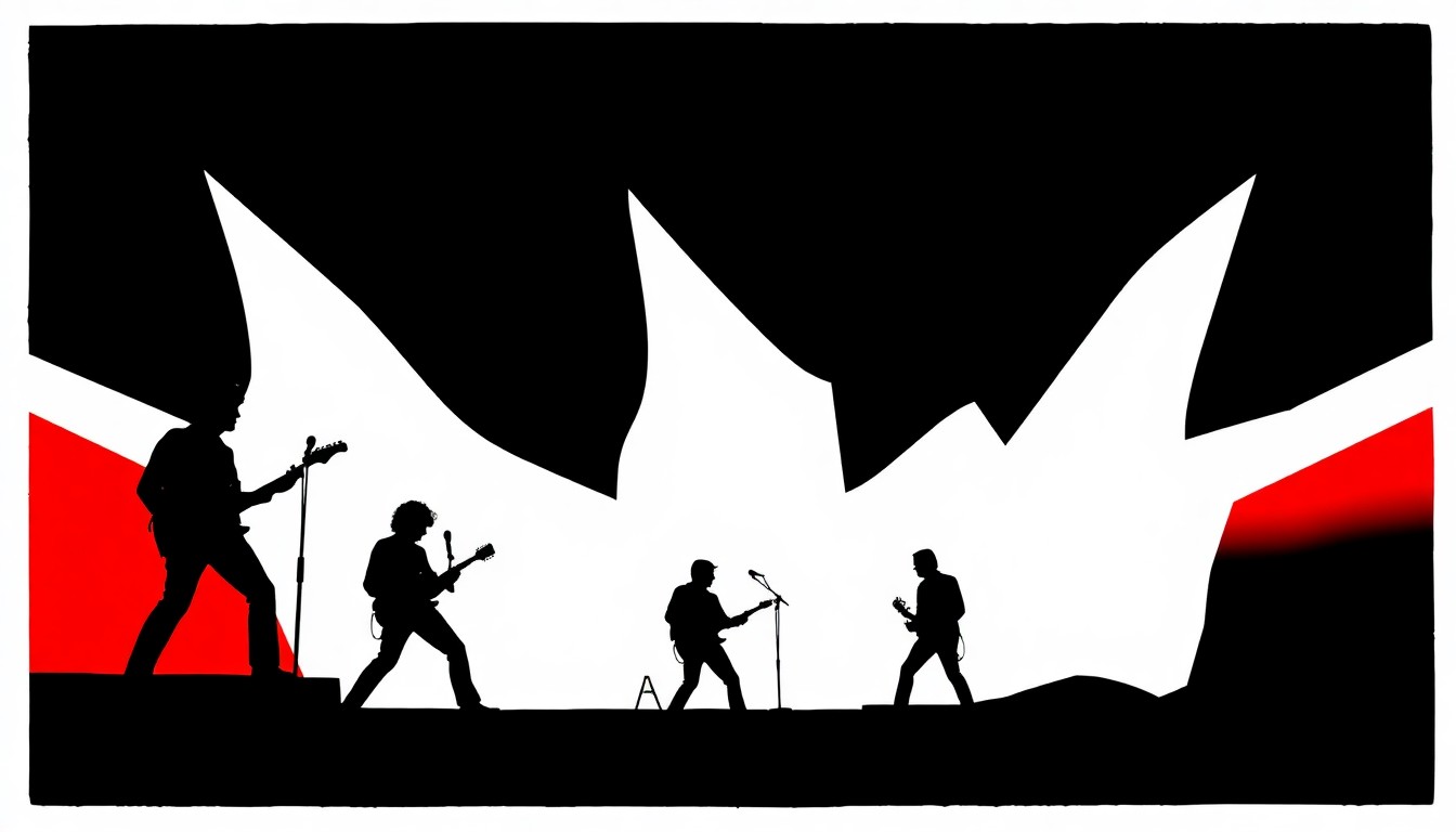 A bold, abstract illustration featuring jagged geometric shapes in striking red and white, conceptually representing the iconic Led Zeppelin band and their classic song 'Good Times, Bad Times'.