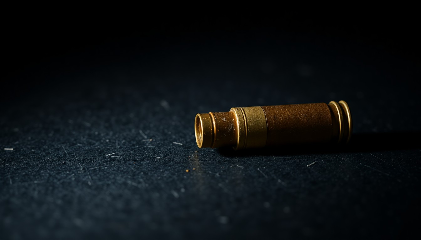 An extreme close-up photograph of a single spent shell casing on a dark, textured surface, lit by a harsh, direct camera flash, conceptually illustrating the aftermath of a violent crime.