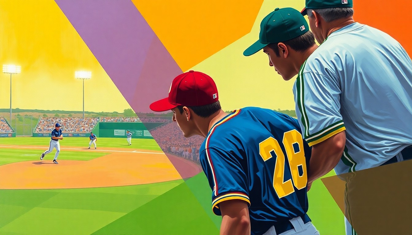 A cubist-style painting depicting a high school baseball game, with the players and field broken down into sharp, overlapping geometric shapes in the team colors of Morgantown, Bridgeport, Doddridge, and Gilmer High Schools.