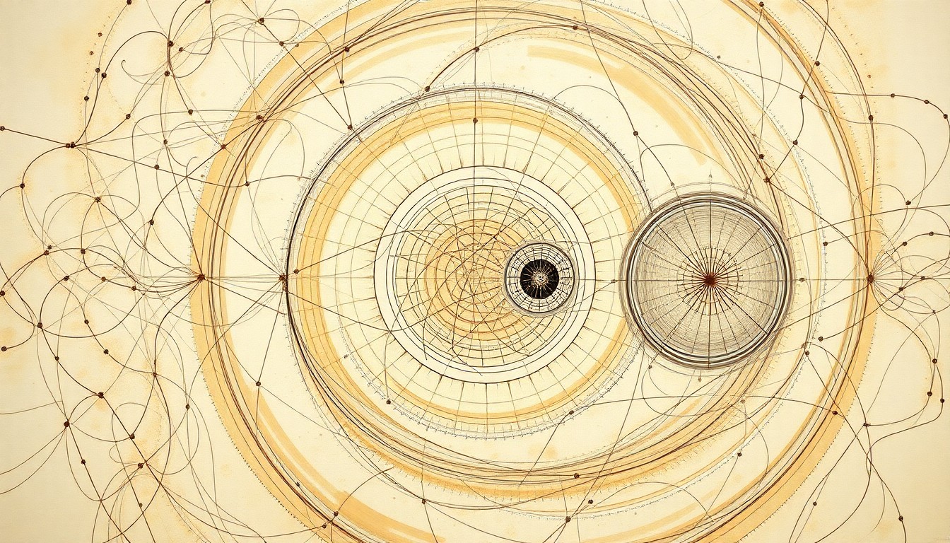 A highly structured abstract painting in soft, earthy tones, featuring sweeping geometric arcs, concentric circular patterns, and precise botanical or physical spirals, conceptually representing the complex interactions and development of different neuron types in the visual cortex.