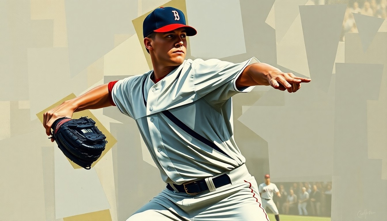 A cubist-style painting depicting a baseball pitcher in motion, with their body and the ball broken down into sharp, overlapping geometric shapes and planes, conveying the unpredictable nature of the sport.