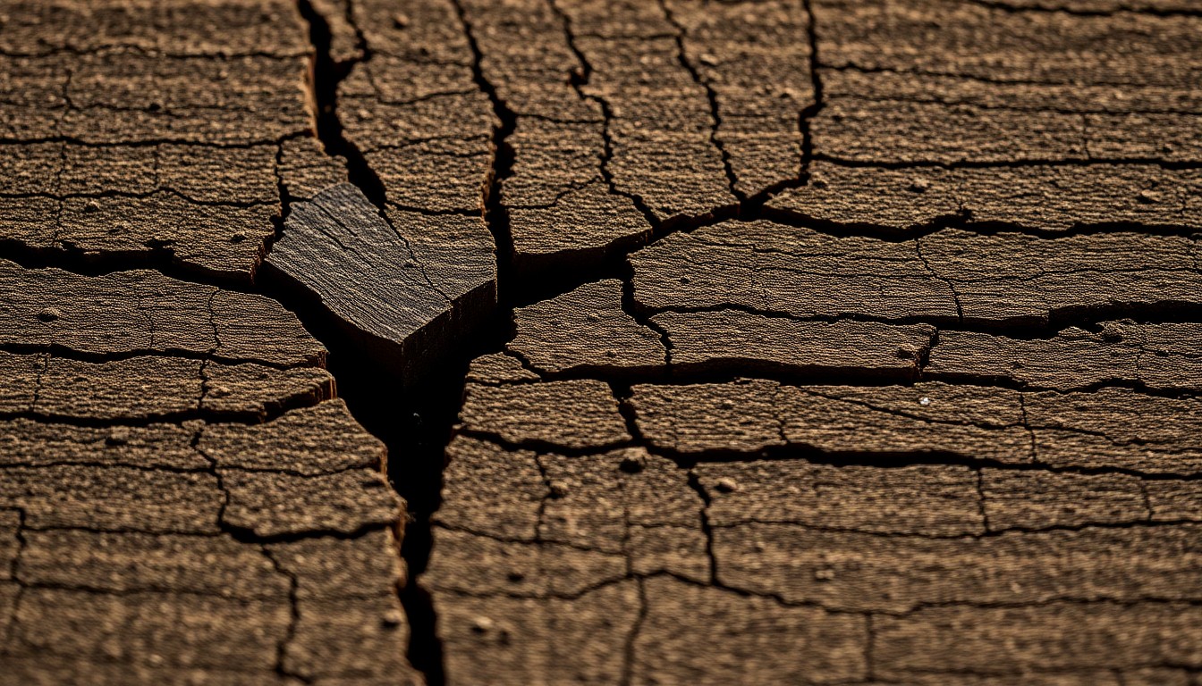 An extreme close-up photograph of a weathered, cracked wooden surface in muted earth tones, capturing the textural depth and emotional resonance of Prewn's indie-rock music.