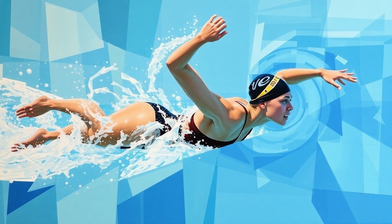 A cubist-style painting depicting the motion of a swimmer in the 100m backstroke, with the figure broken down into overlapping geometric shapes and planes in vibrant colors.