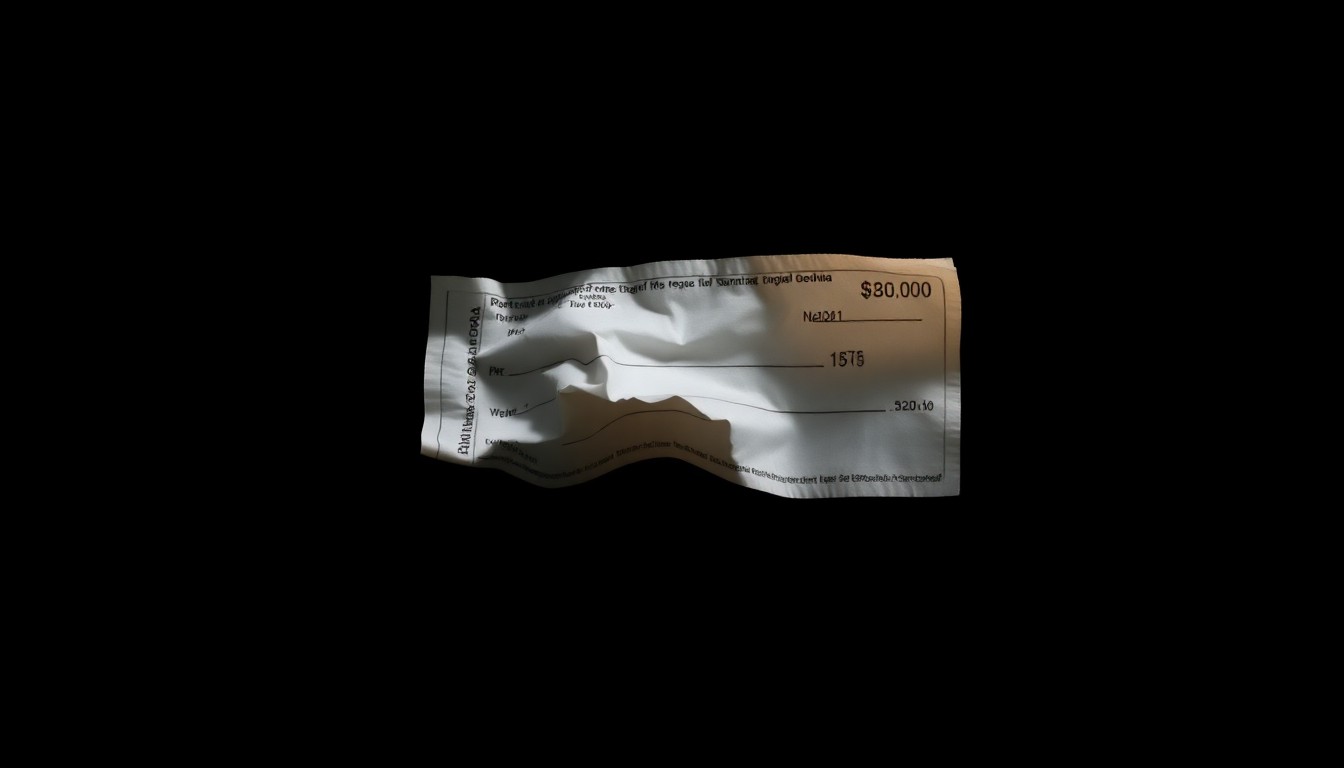 An extreme close-up of a crumpled personal check, the paper's texture and folds dramatically illuminated by a harsh flash against a black void, conceptually representing the aftermath of a campus fraud incident.
