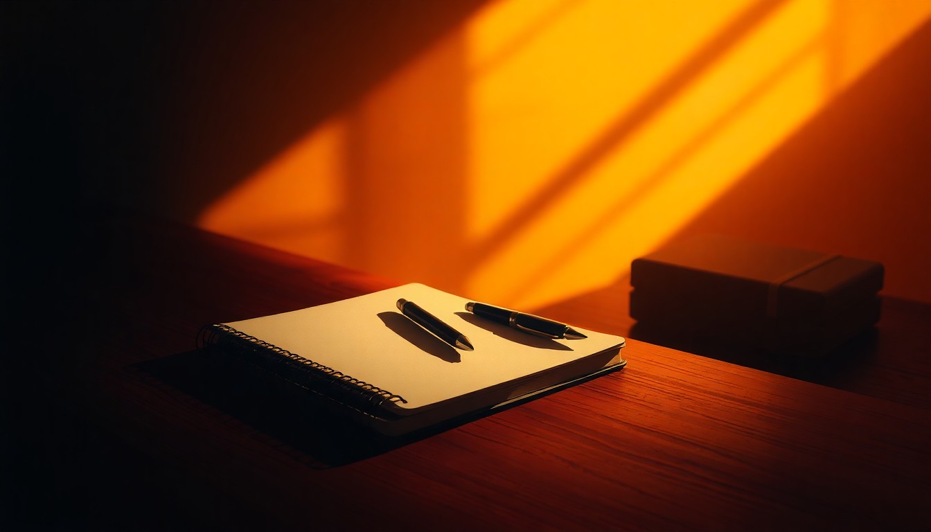 A close-up view of a reporter's notebook and pen on a dimly lit desk, the objects cast in warm, dramatic lighting and deep shadows, conveying a sense of investigative isolation and the precarious state of press freedoms.