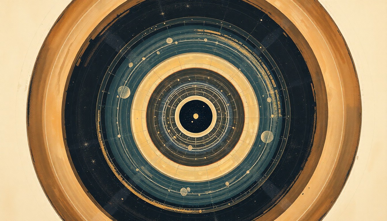 A bold, highly structured abstract painting in muted earth tones, featuring sweeping geometric arcs, concentric circles, and precise spirals, conveying the structural order and immense scale of the cosmos without using any text or symbols.