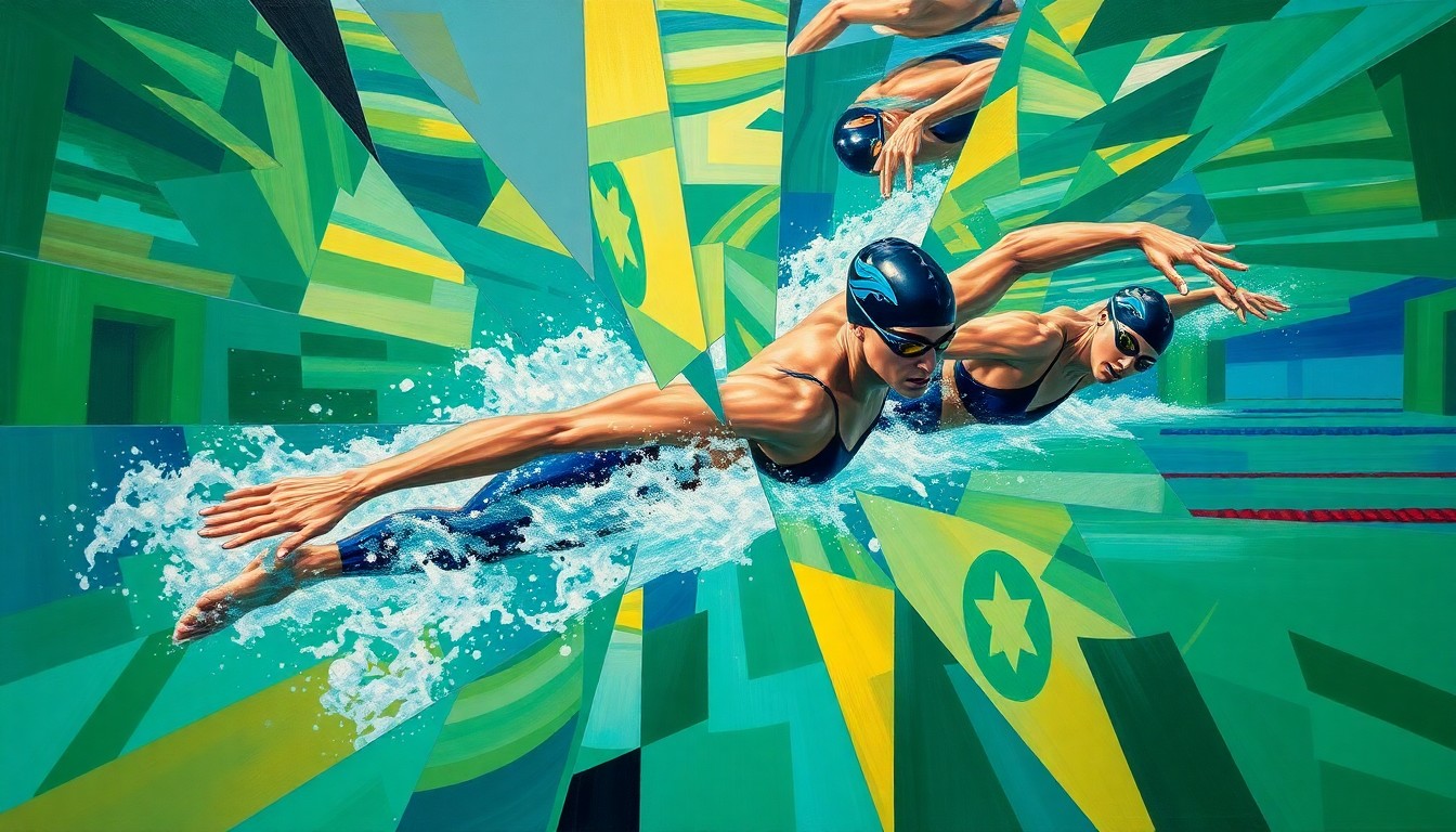 A cubist, geometric painting depicting the dynamic movements and energy of a swimmer in competition, with overlapping planes of vibrant emerald green, sapphire blue, and gold colors.