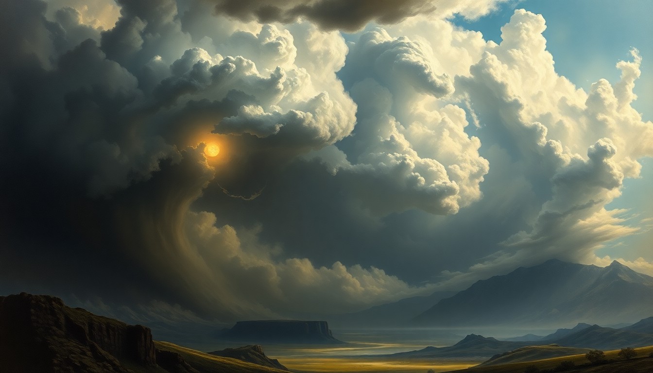 A sweeping, atmospheric landscape painting in muted tones of gray, blue, and green, with a massive, swirling storm system dominating the horizon and casting an ominous shadow over the land below. The scene conveys a sense of the overwhelming power and scale of nature.