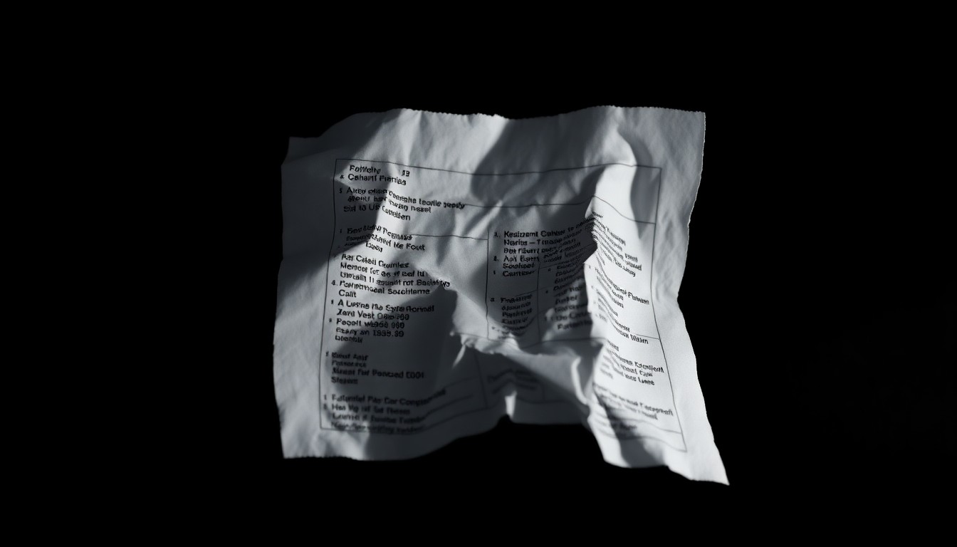 An extreme close-up of a crumpled, torn financial document reflecting harsh, direct lighting, conceptually illustrating the gritty details of a complex fraud investigation.