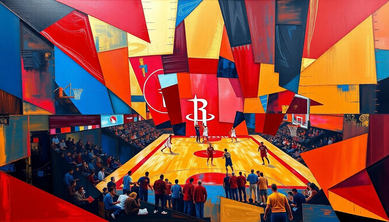 A cubist, geometric painting depicting a Houston Rockets basketball game, with sharp, overlapping planes of color representing the team's unconventional playing style.