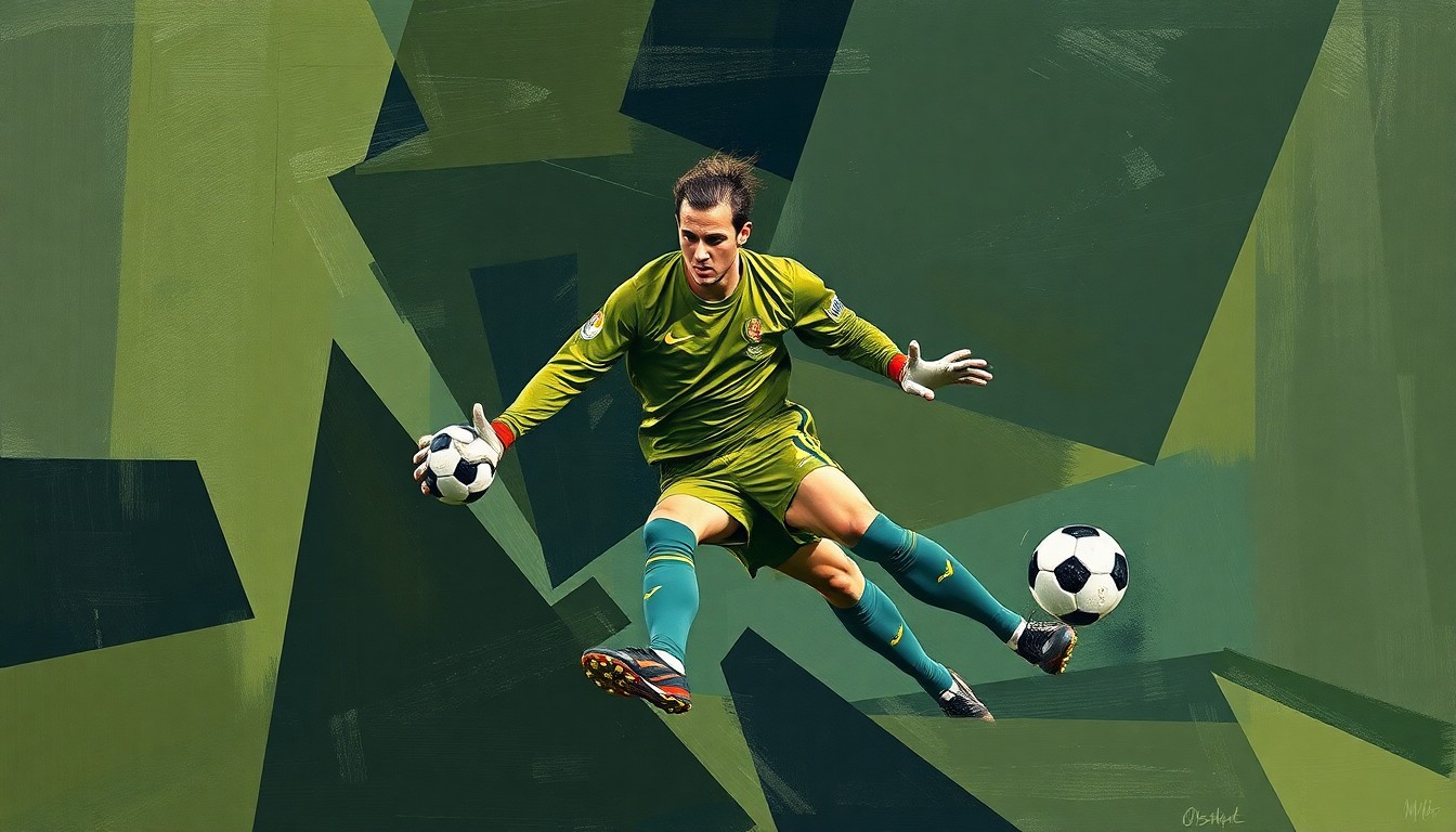 A fragmented, cubist-style painting depicting a soccer goalkeeper in action, with their body and movements broken down into sharp, overlapping geometric shapes in muted tones of navy, charcoal, and olive green.