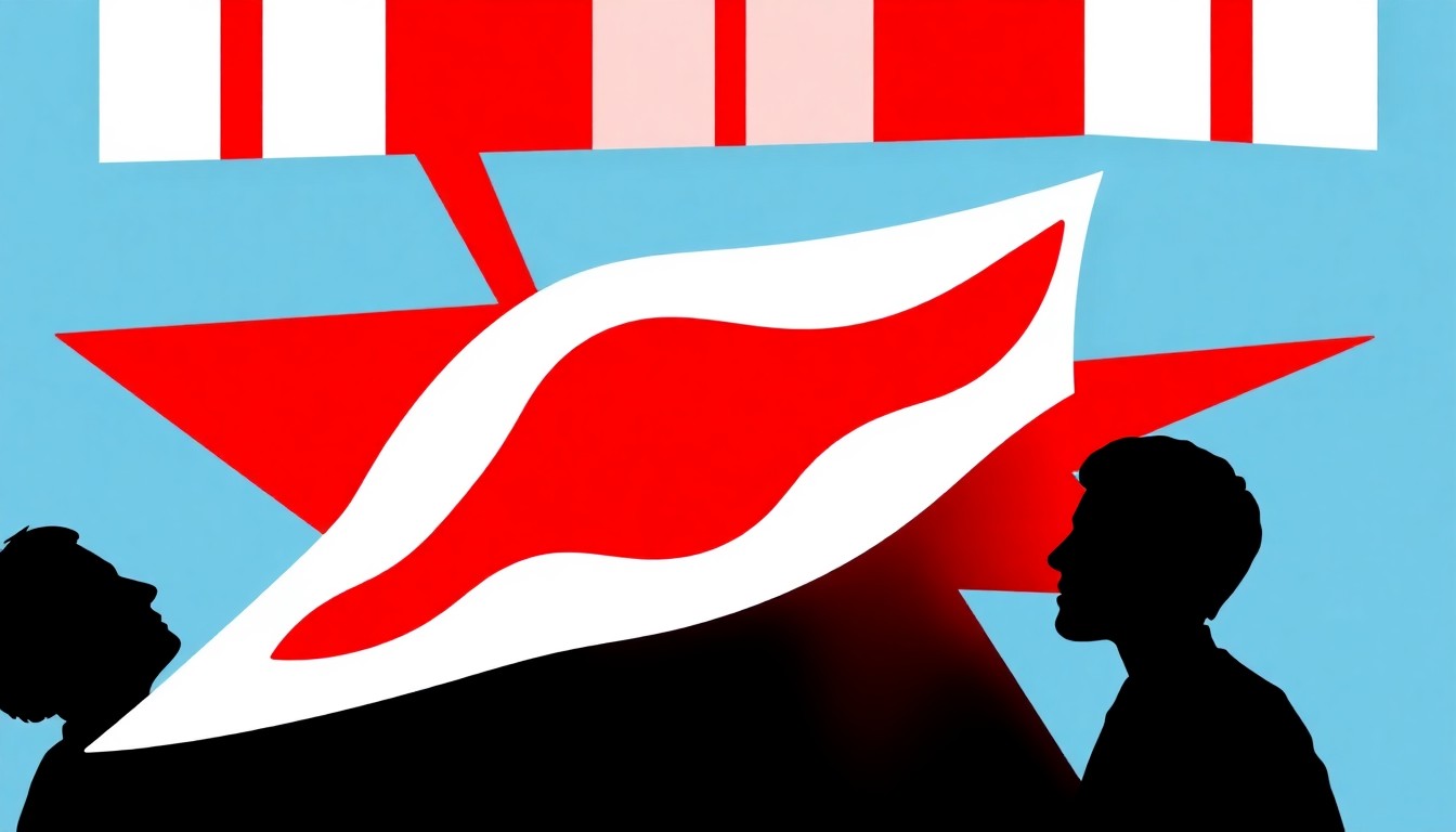 A bold, abstract illustration featuring stark, jagged geometric shapes in high-contrast red and white, conceptually representing the offbeat comedy 'Cotton Candy Bubble Gum'.