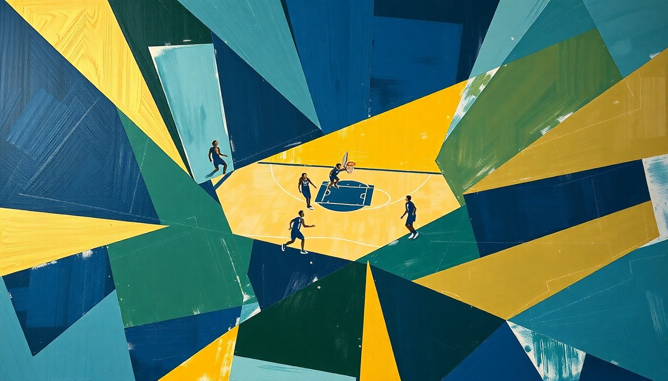 A cubist-style painting depicting a fragmented, geometric representation of a women's basketball game, with sharp planes of navy, green, and gold colors.