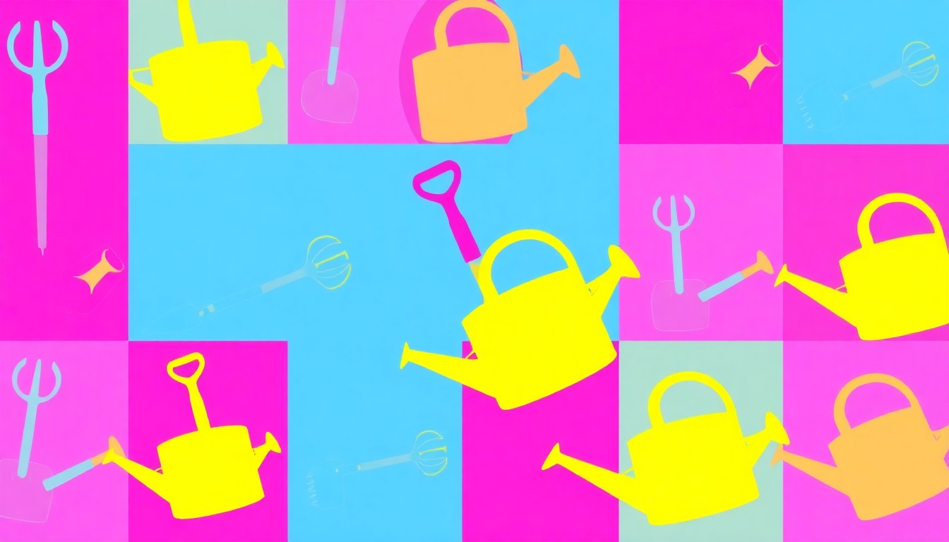 A repeating grid of a brightly colored, high-contrast silkscreen image of a garden trowel, transformed into a modern pop art piece through the use of flat, neon color palettes and heavy black outlines.