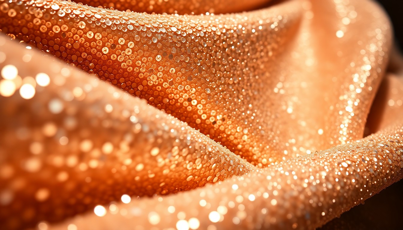 An abstract close-up photograph of shimmering, high-contrast luxury textures like sequins or velvet, captured in dramatic studio lighting to create a glitzy, high-fashion aesthetic.