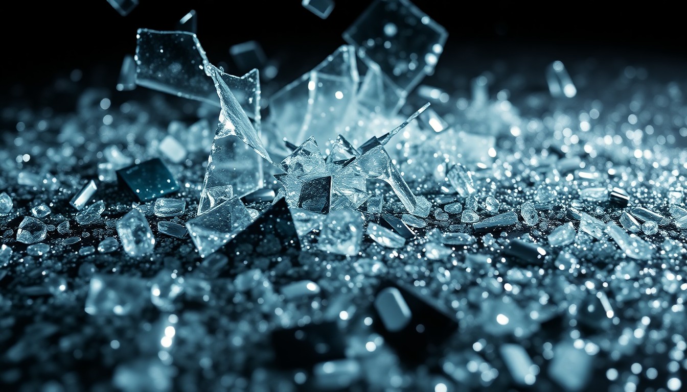 An abstract, high-contrast close-up image featuring shattered glass and glittering sequins, conceptually representing the fragility of celebrity privacy and security.
