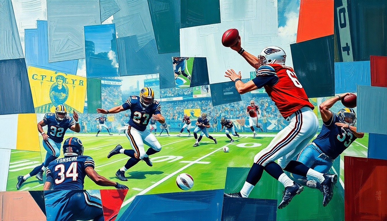 A cubist-style painting featuring fragmented, geometric shapes and planes representing a football player in motion, conceptually illustrating the complexity of an athlete's recovery from injury.