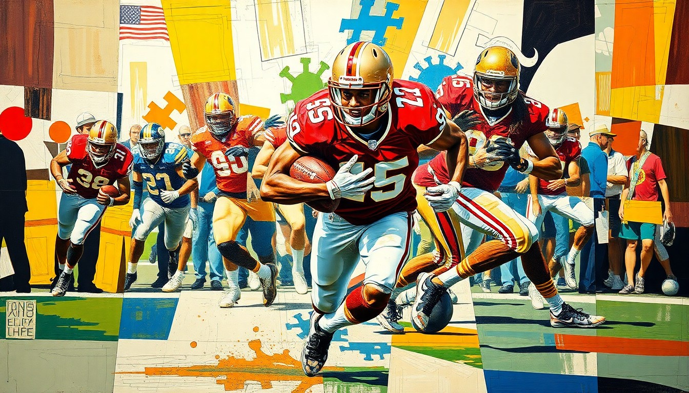 A cubist-style painting depicting a college football running back in action, with the player's body and movements fragmented into sharp, geometric shapes and planes of color.