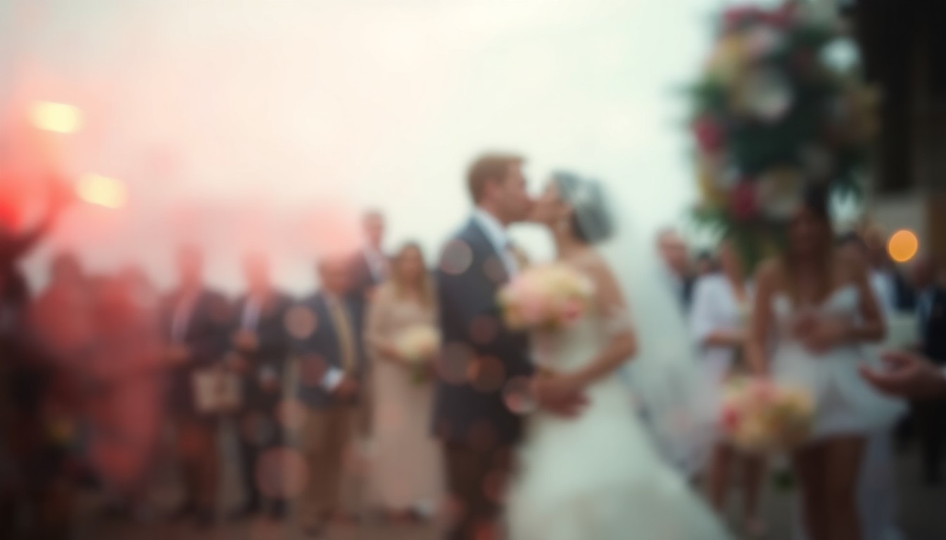 An extremely blurred and abstracted photograph of a romantic wedding scene, with soft, warm pools of color and light creating an intimate, dreamlike atmosphere.